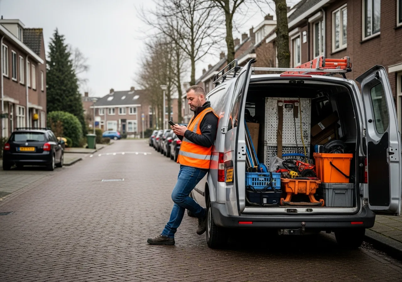 Installateur bekijkt AI-werkplanning op smartphone in werkplaats