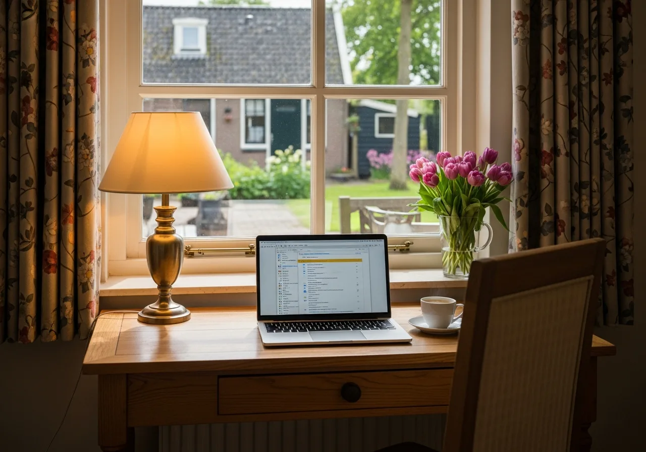 B&B eigenaar beheert gastcommunicatie via AI op laptop