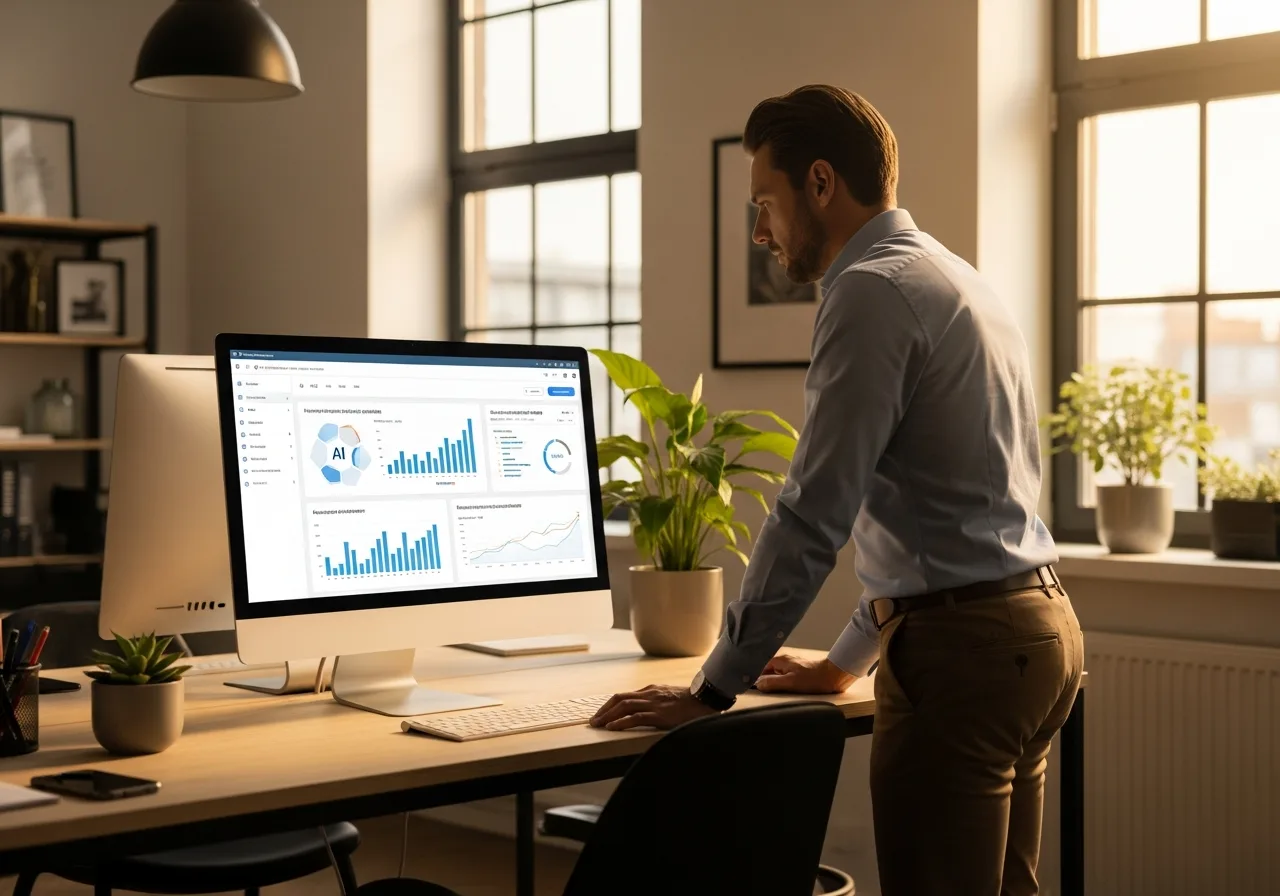 Accountant analyseert AI-gegenereerde rapportages op desktop