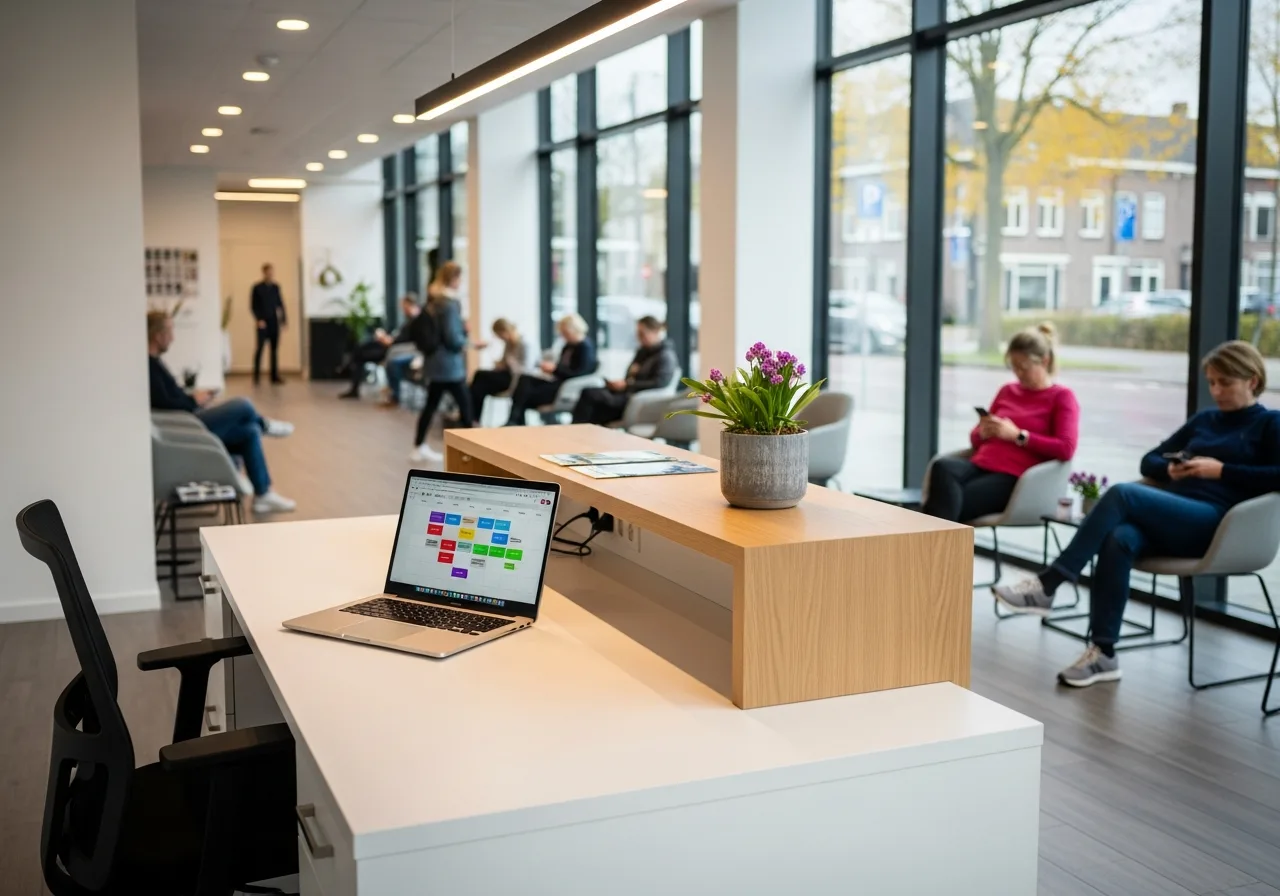 Fysiotherapeut gebruikt AI-afspraakbot op tablet in moderne kliniek